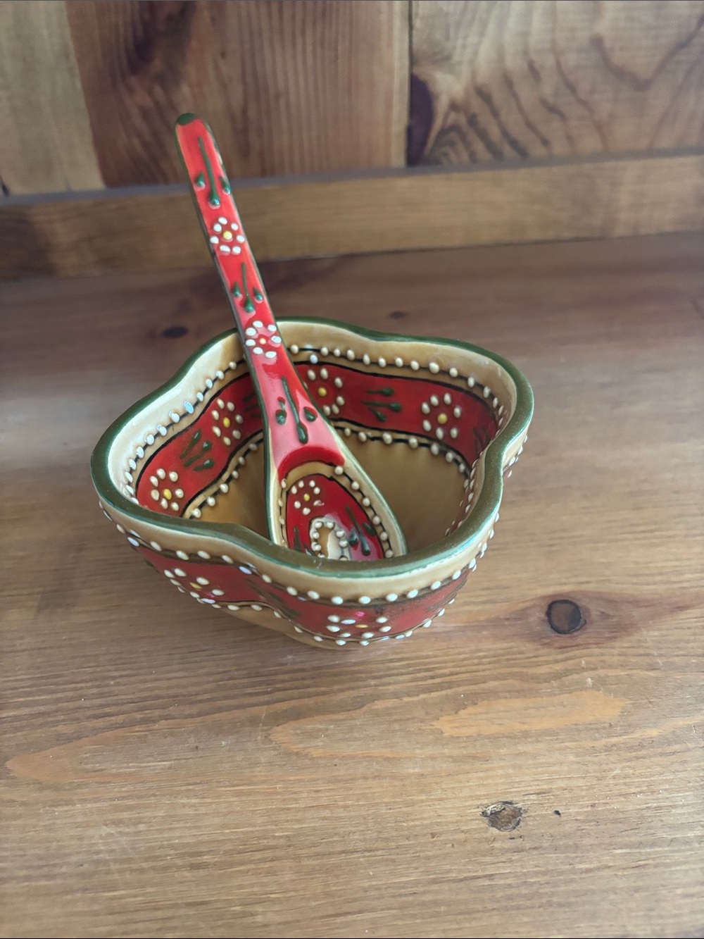 Hand-Painted Red & Cream Decorative Serving Bowl with Spoon